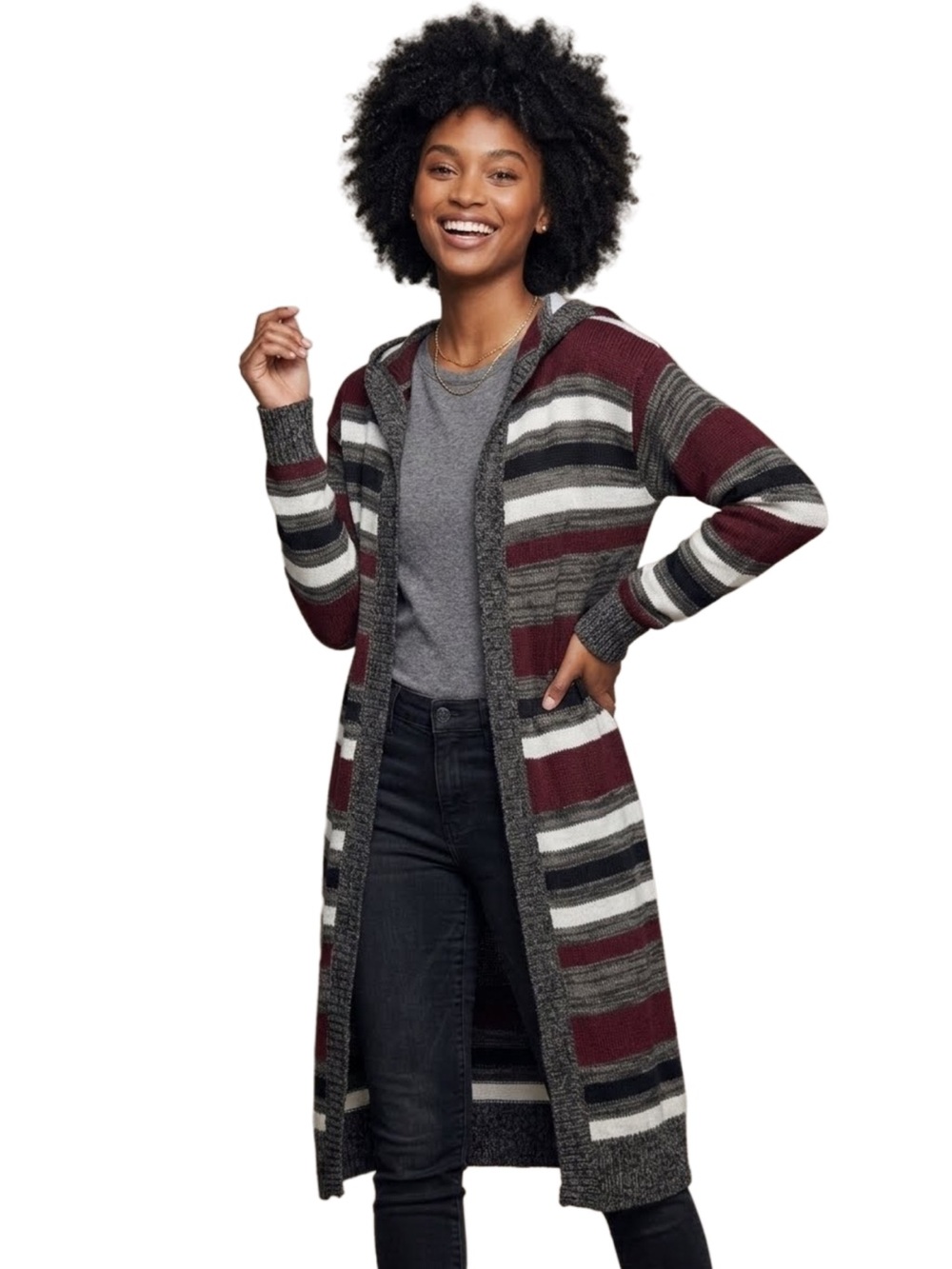Evelyn Taylor Long Hooded Burgundy, Gray & White Striped Cardigan Sweater